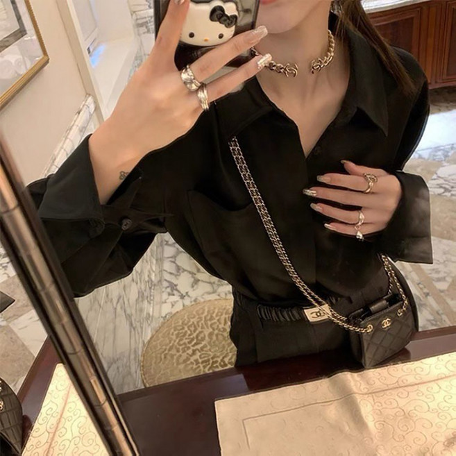 MarketA 女款寬鬆絲滑光澤襯衫