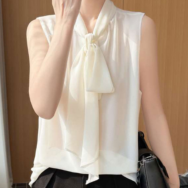 더시럽 여성용 얇은 시스루 리본타이 민소매