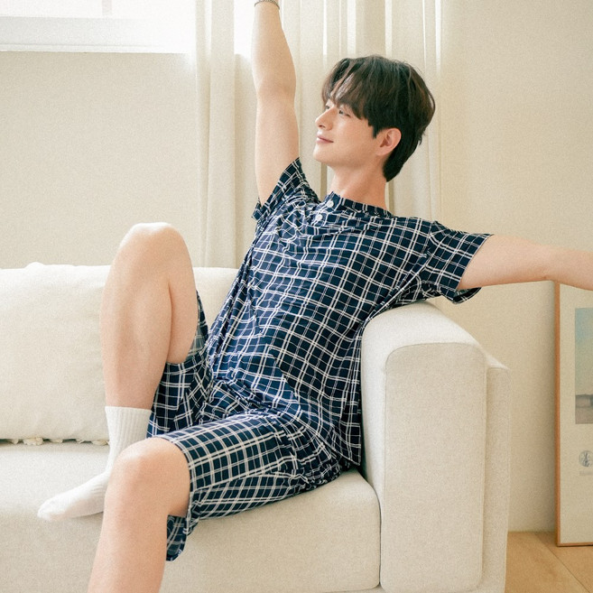 Sosomido 男士超涼感短袖格紋睡衣上下套裝