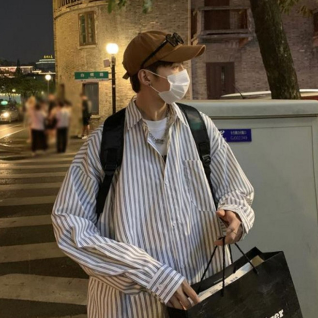 JTL 男性直條紋圖案寬鬆休閒襯衫