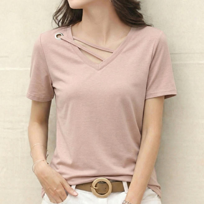 안다로미 여성용 포인트 링 브이넥 반팔 티셔츠