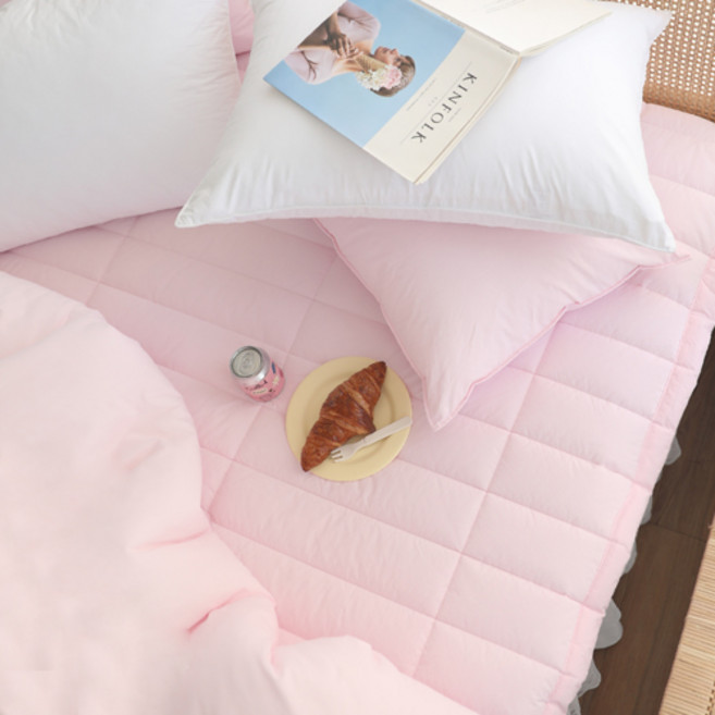 베이직톤 국내산 고밀도 순면 60수 한사이즈 큰 밴드 고정형 침대패드, 쿼츠핑크