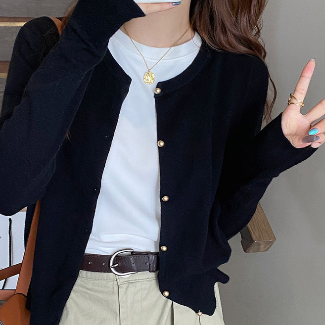 PEONIST 女款基本簡約豆豆扣長袖針織開襟衫