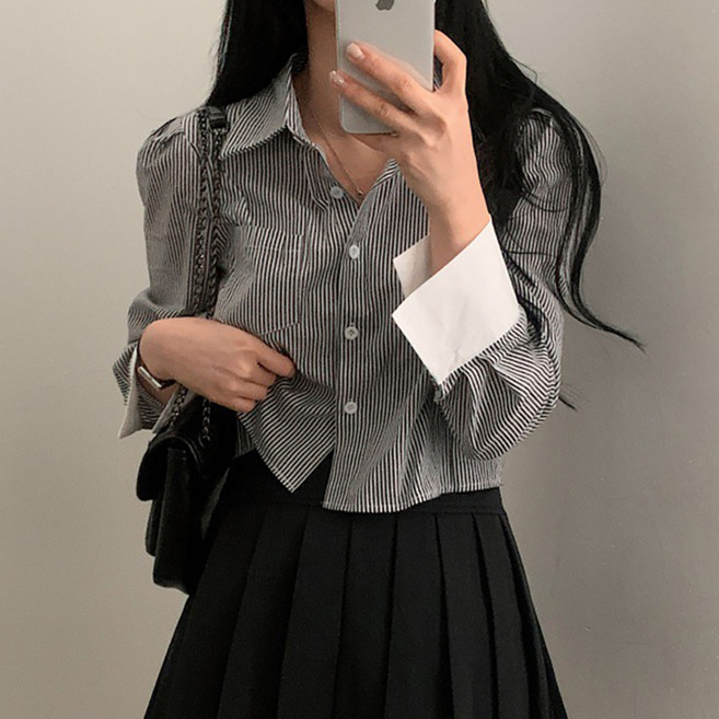 MarketA 女士條紋白袖短版襯衫