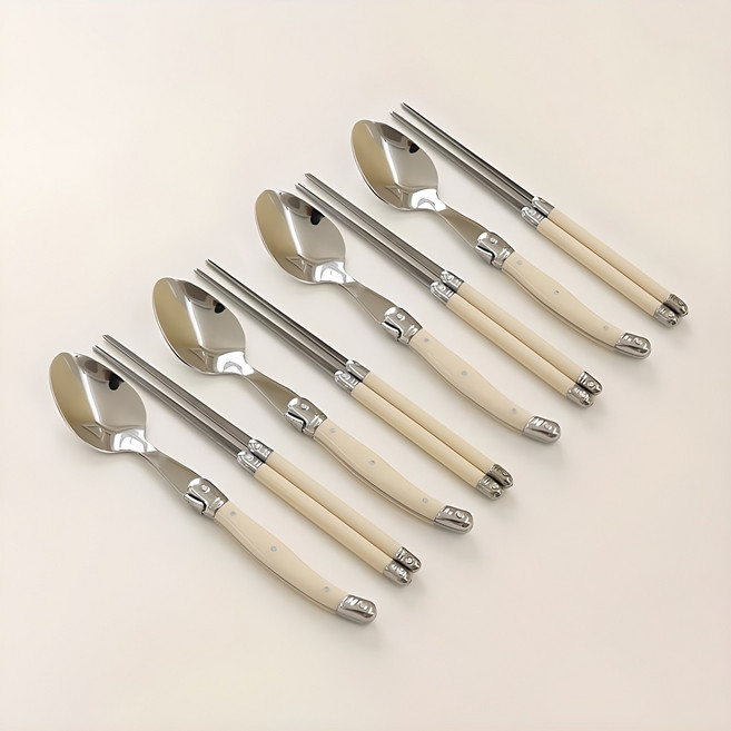 Dalpaengi Living Cuisine de Maman Laguiole 餐具4人份湯筷組 奶油白 湯匙(4入) + 筷子(4入) 1組, 餐匙 + 餐筷, 乳白色