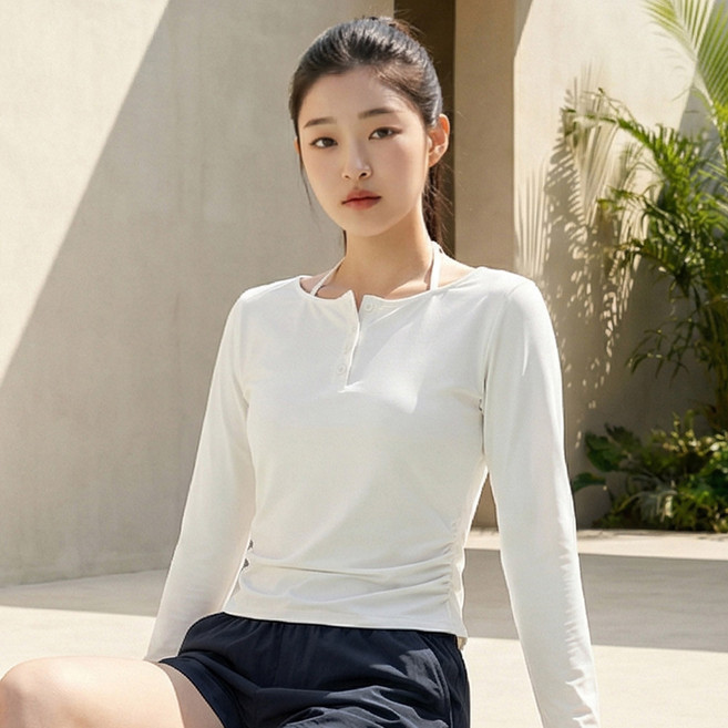 HERRINGBONE apparel 女款繞頸抓皺長袖上衣泳裝RJ396