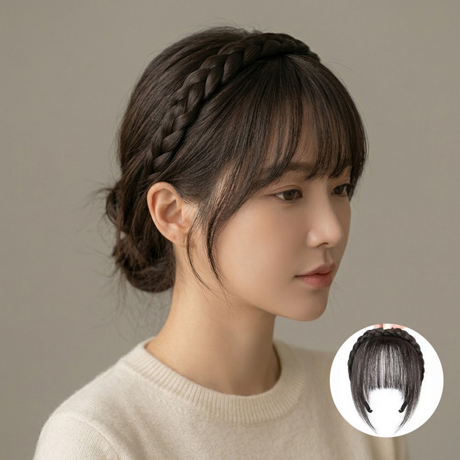 알럽홈 여성용 사이드뱅 애교 땋은 앞머리 가발 L264-0067, 내추럴블랙, 1개
