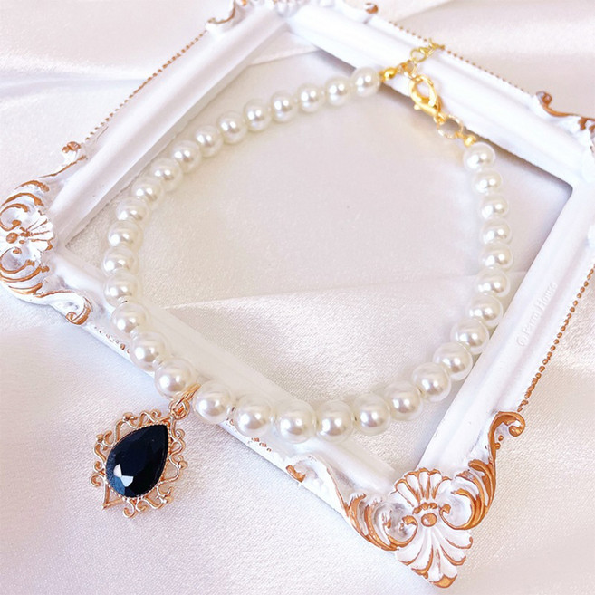 웨이비데이즈 반려동물 디아나 물방울 펜던트 비즈 목걸이, 블랙, 1개