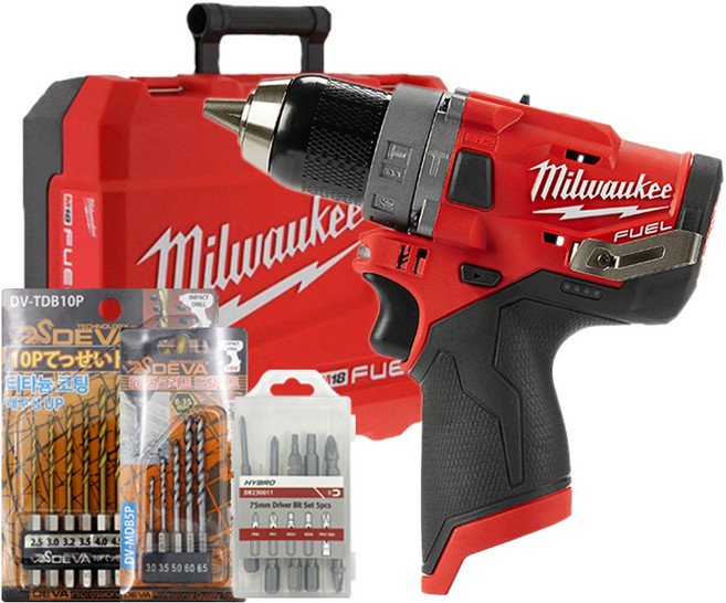 밀워키 12V FUEL 해머 드릴 드라이버 본체 M12 FPD-0C + 케이스 + 콘크리트 + 금속 + 드라이버팁 비트 풀세트, 1세트