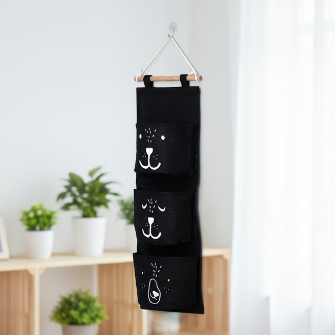 조인메이드 곰 침대 옆 도어 패브릭 방수 가방 보관 벽걸이 수납 포켓, 블랙