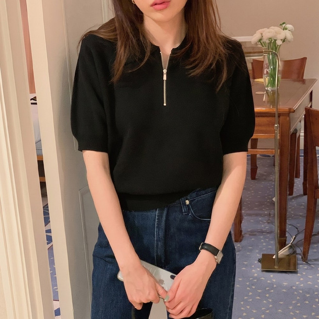 TANIZ 女款Vedic翻領半拉鍊短袖針織T恤