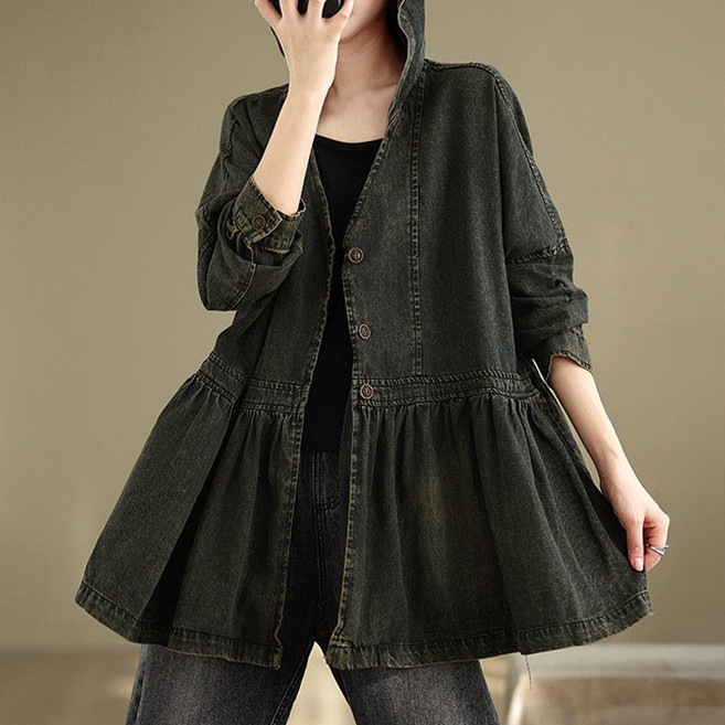 퀸이즈 여성용 오버핏 브이넥 데님 셔링 롱 후드자켓