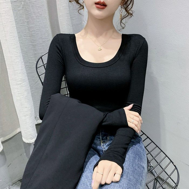 DMELD 女款簡約風U領修身款長袖T恤