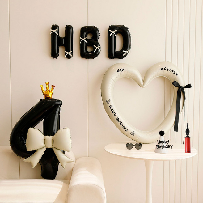 피앤비유니티 HBD 하트앤숫자 파티 풍선세트, 03 크림블랙 숫자4, 1세트