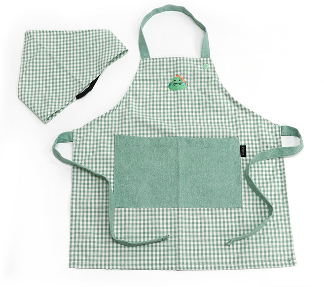 세맘스 어린이 리틀 체크 앞치마 + 두건 세트 공룡