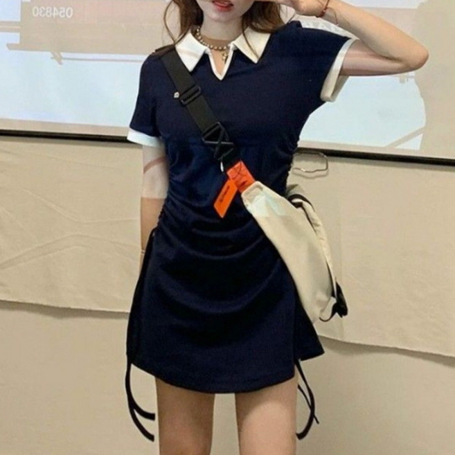 PEONIST 抓皺綁帶修身翻領連身裙 含大尺碼, 海軍藍