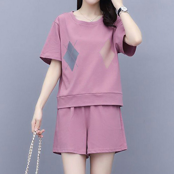 인피어스 여성용 빅사이즈 아가일 반팔 반바지 트레이닝 세트 I263-0189