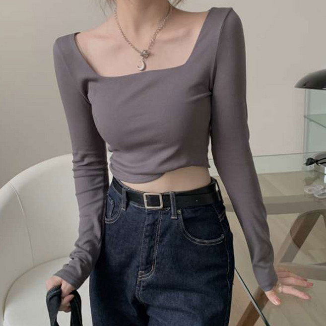 더시럽 여성용 와이드 스퀘어 넥 슬림 크롭 티셔츠