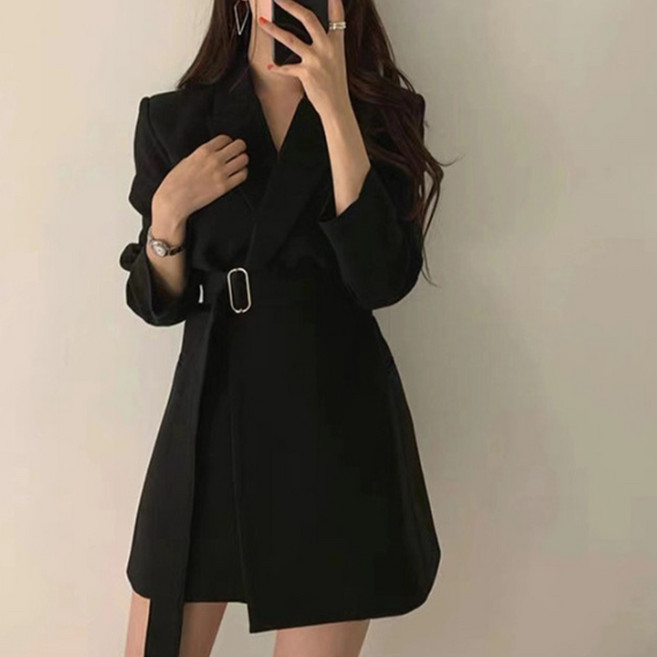 Goodif 女款簡約單排扣附腰帶西裝外套