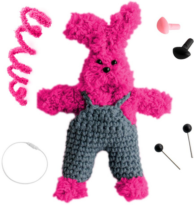 yarna 철사인형 + 핀타입 인형눈 4mm x 2p + 컬러미니삼각코 2종 + 컬러와이어링 모루 뽀글이 토끼 인형 만들기 세트, 1세트, 핫핑크 + 화이트 + 블랙 + 핑크