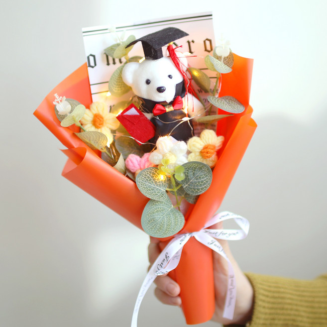 스투피드 졸업식 니트 뜨개질 곰돌이 꽃다발 + 쇼핑백, 오렌지, 1개