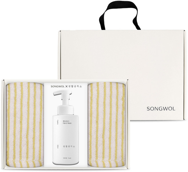 송월타올 생활공작소 스트라이프 솔리드 호텔수건 220g x 2p 30수 코마사 + 핸드워시 500ml 선물세트, 베이지, 베이지, 1세트