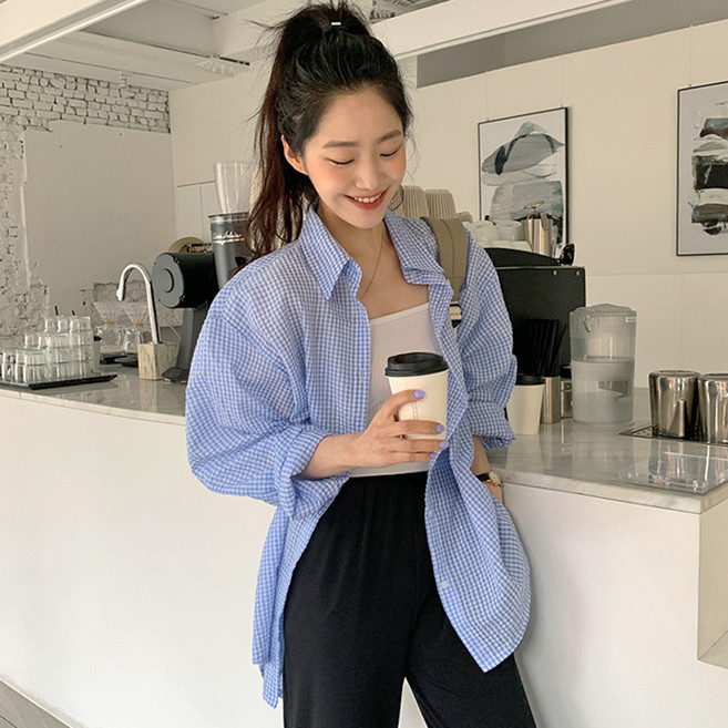 PEONIST 女款格紋寬鬆版長袖翻領襯衫