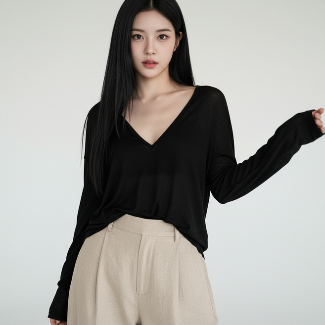 마켓피아 여성용 브이넥 롱슬리브 시스루 루즈핏 티셔츠