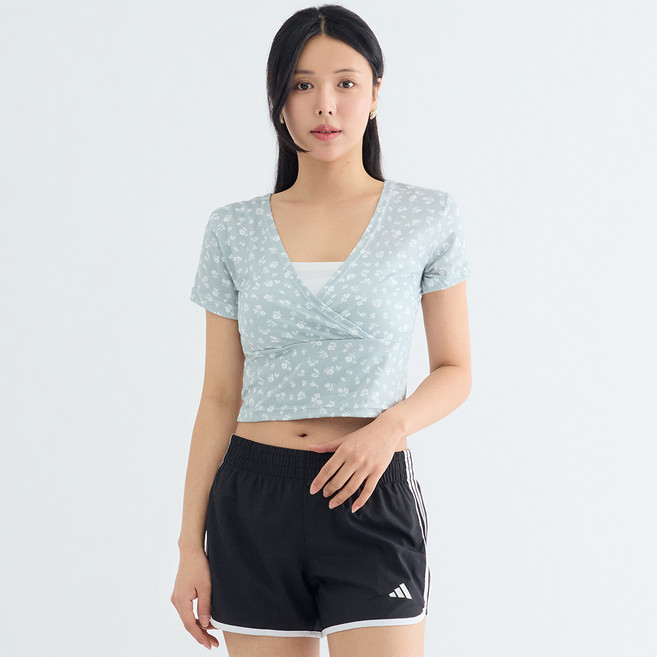 엘쏘 여성용 랩스타일 브이넥 플라워 디자인 크롭 반팔 티셔츠