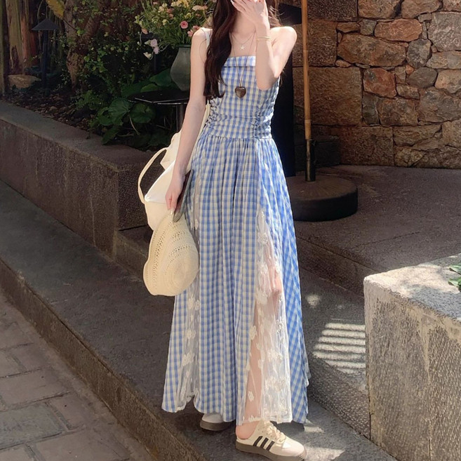 마켓에이 여성용 체크 시스루 슬리브리스 롱원피스 M263-0067