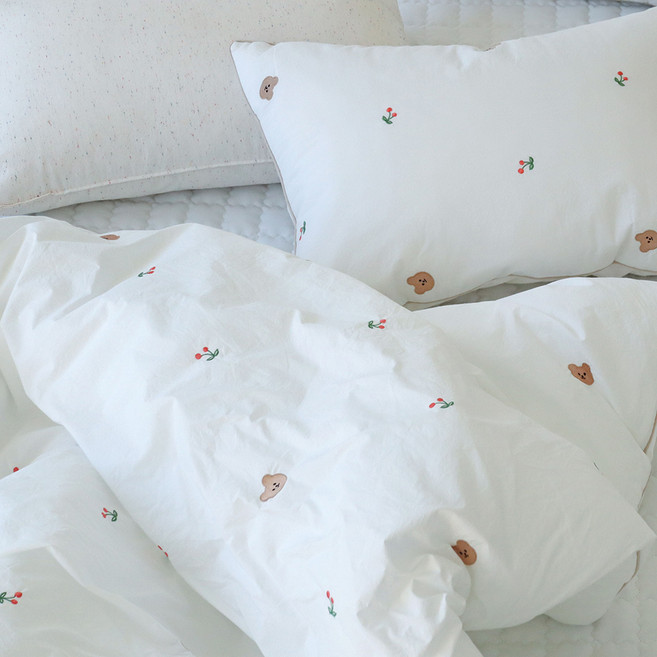 누블 곰돌이 체리 자수 먼지없는 바이오워싱 고밀도 차렵이불 세트