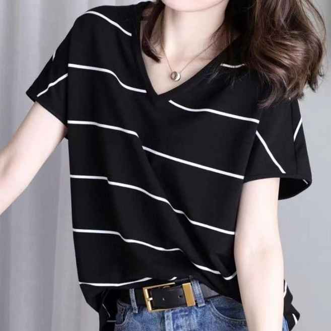 엘쏘 여성용 브이넥 루즈핏 스트라이프 빅사이즈 반팔 티셔츠