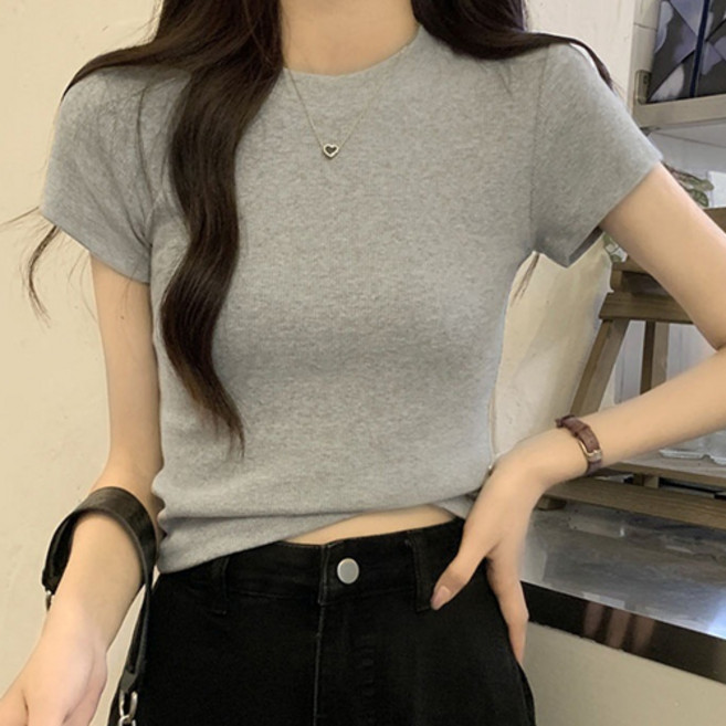 여성용 데일리 심플무드 슬림핏 반팔 니트 티셔츠