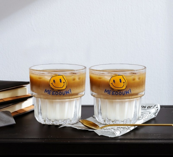 다파랑 어글리 스마일 투명 아이스커피 유리잔 짧은컵 HJ0177, 혼합색상, 2개