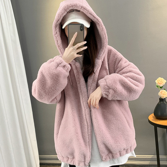 安達羅米 女款仿兔毛刷毛連帽拉鍊外套