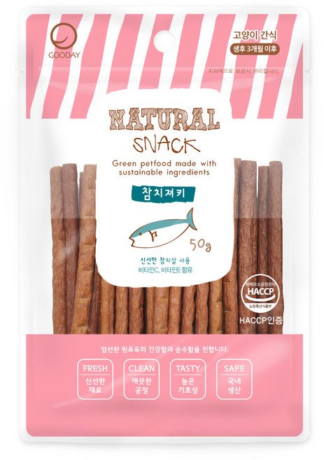 굿데이 네츄럴 스낵 고양이 간식, 참치져키, 50g, 1개