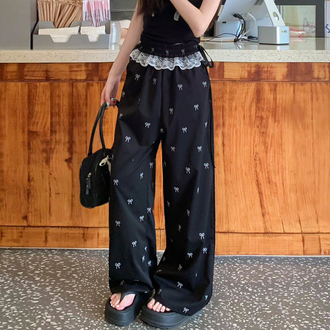 Elsso 女款蝴蝶結蕾絲綁帶寬褲