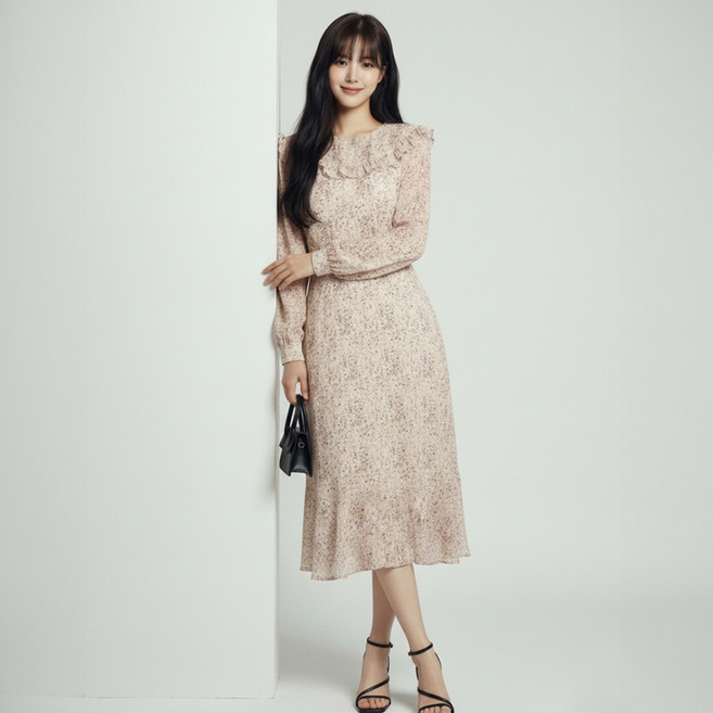 Paperments Serin小碎花荷葉邊褶飾中長連身裙 14056, 象牙白