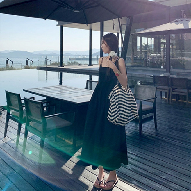 더플로우커머스 여성용 뷔스티에 플레어 민소매 롱 원피스