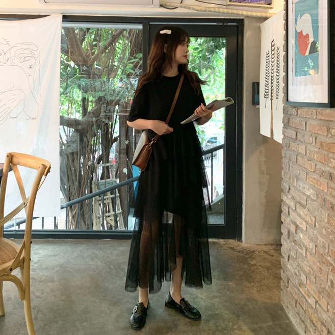 PEONIST 蕾絲康康短袖長洋裝, 黑色