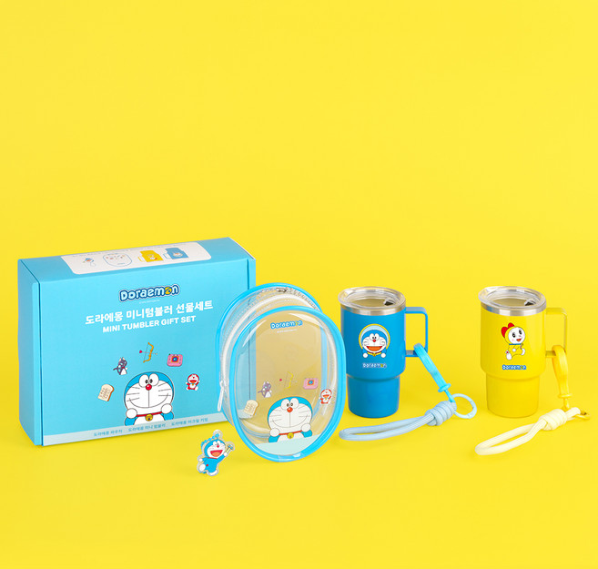 주니 스테인리스 도라에몽 미니 텀블러 2종 + 스트랩 2종 + 아크릴키링 + 파우치 선물세트, 혼합색상, 1세트, 120ml