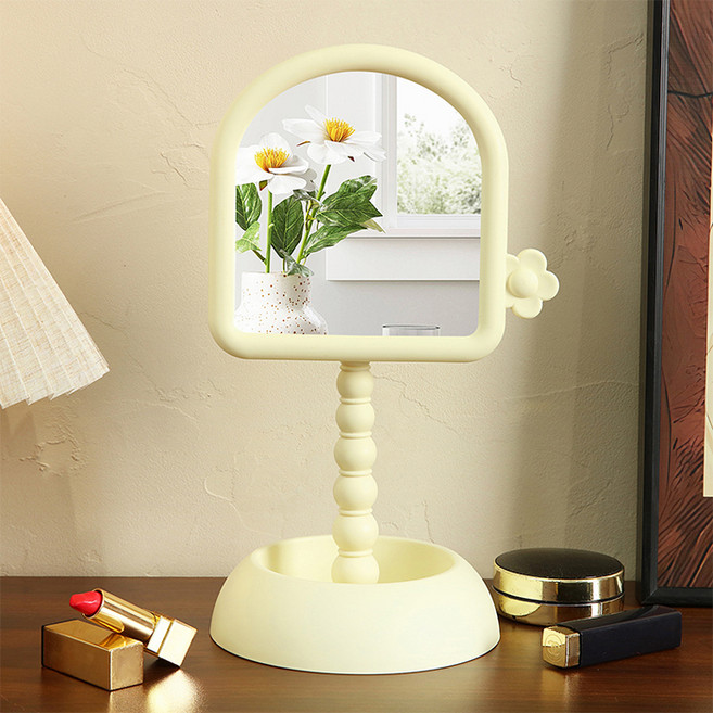 따봉오빠 마카롱 플라워 수납 트레이 탁상 거울 JNHA2314, 크림옐로우