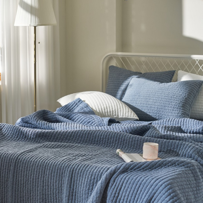 마인드 모달 줄누비 스프레드 + 베개커버 세트, 블루