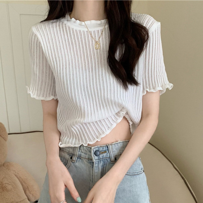 피어니스트 여성용 프릴라인 여름 니트 반팔 티셔츠