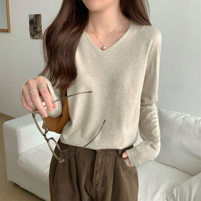 언헤브 여성용 브이넥 데일리 긴팔 니트