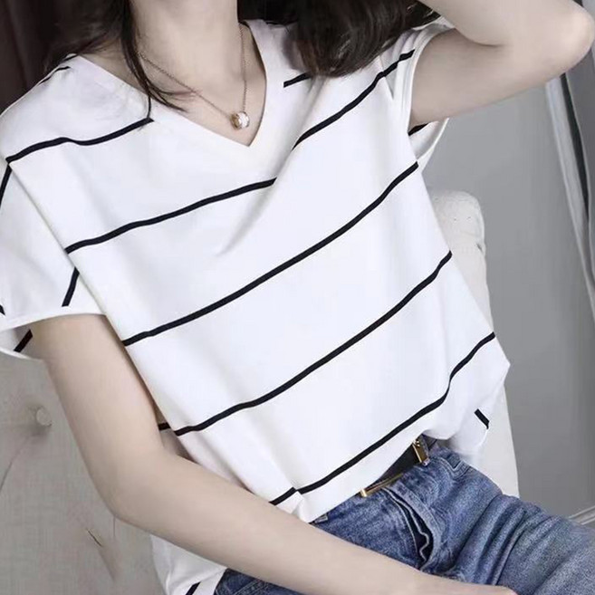 RuNyAyA 女款V領寬鬆條紋短袖T恤