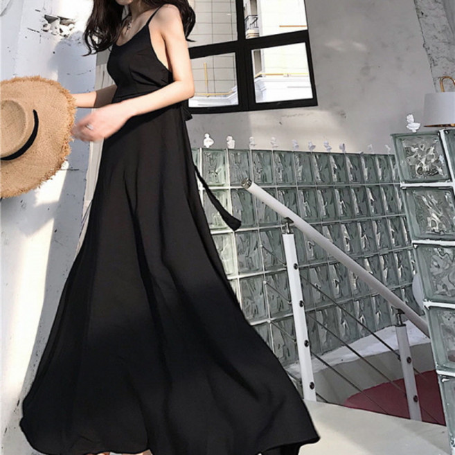 PEONIST 蝴蝶結點綴細肩帶長版連身裙, 01 黑色