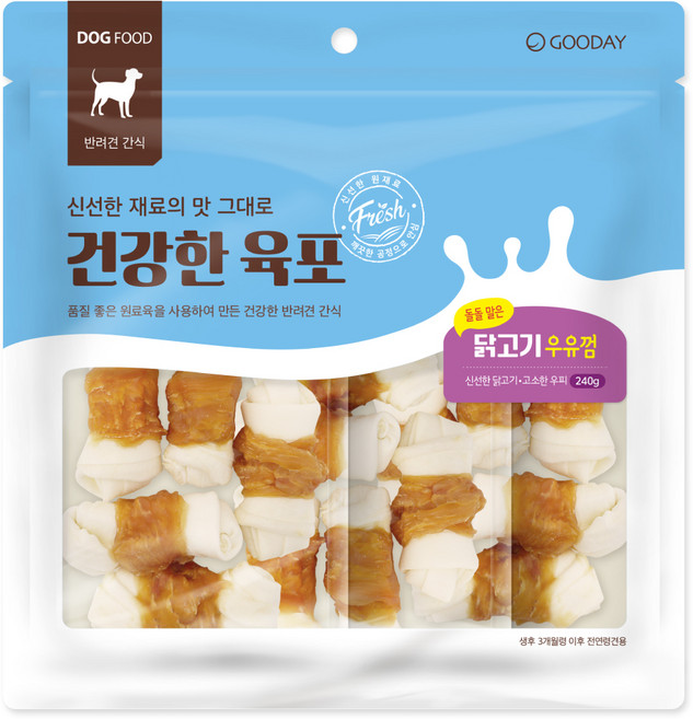 굿데이 강아지 건강한 육포말이 우유껌 간식, 닭고기, 240g, 1개