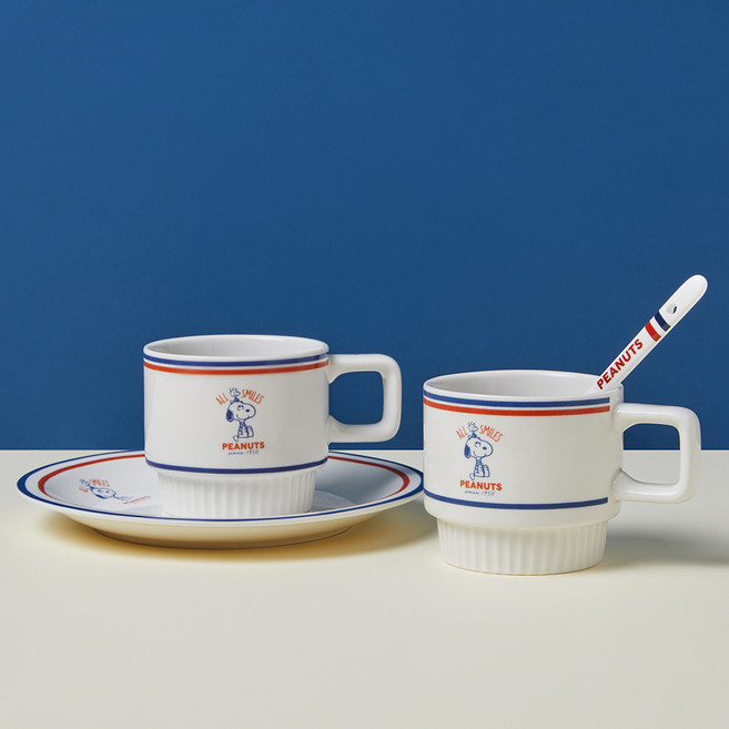 보프렌즈 스누피 빈티지 코펠 머그컵 2p + 플레이트 + 티스푼 세트, 혼합색상, 1세트
