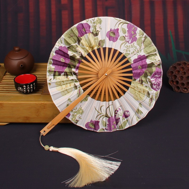 마켓피아 휴대용 접이식 원형 플라워 전통 부채, 13 그린, 1개